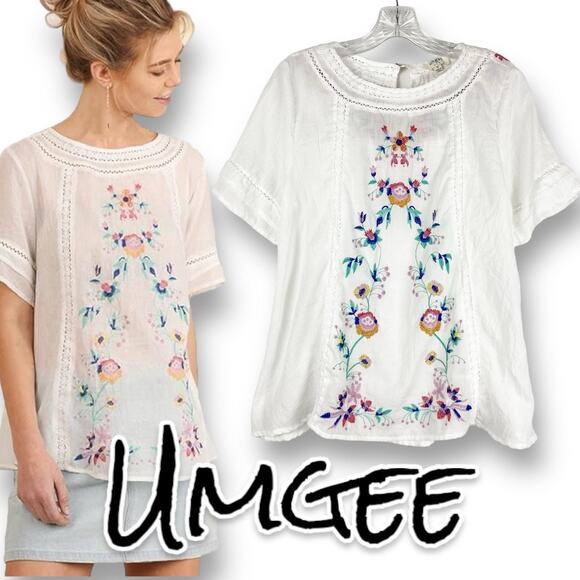 Umgee Short Sleeve Embroidered Blouse White Floral Oaxaca Peasant Womens Size M - Picture 1 of 12